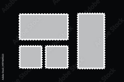Grey and White Empty Postage Stamp Vector Set on Black Background, Blank Mail Frames Design.