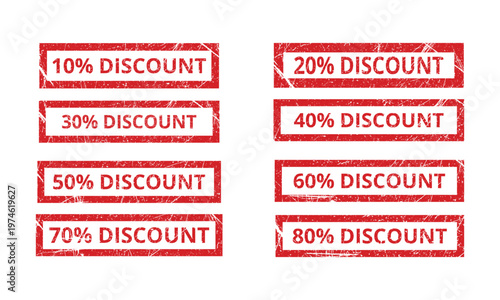 Handmade Red Discount Stamp Vector Design, 10–80% Off Sale Labels with Grunge Style.