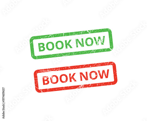 Handmade Green and Red Book Now Grunge Text, Vector Design with Distressed Typography.