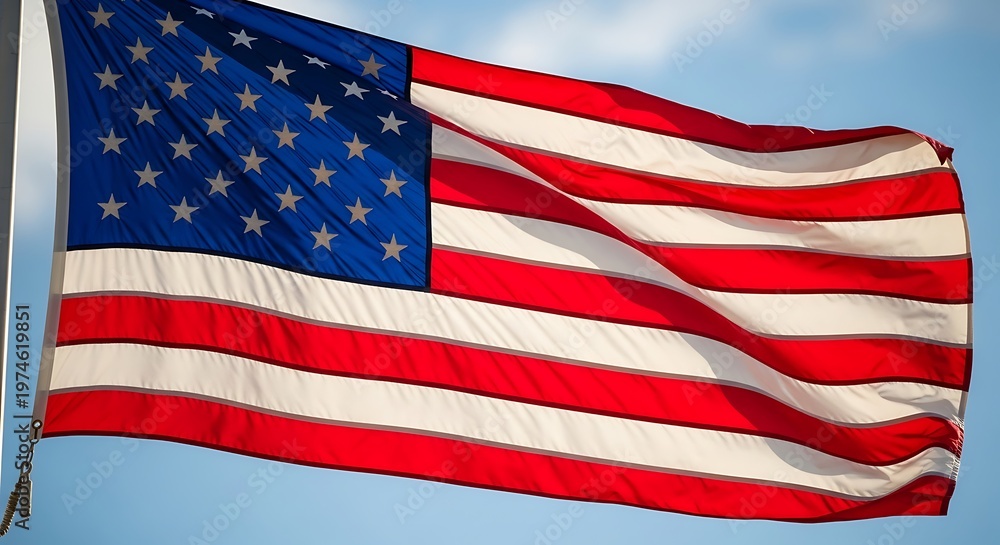 Obraz premium Waving american flag against a bright blue sky with scattered clouds
