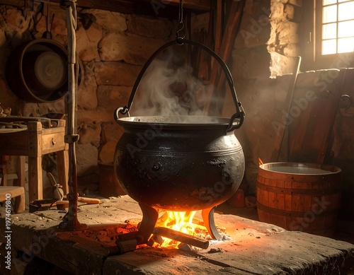 A rustic interior, warm light illuminating a cauldron suspended above a crackling fire, wood beams, and a stone wall