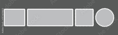 Grey and White Postage Stamp Template Set. Blank Postal Frames for Mail Envelope Design.