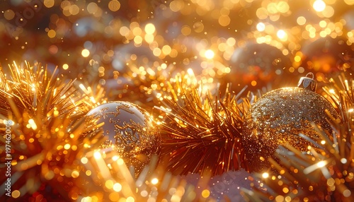 Festive golden baubles gleam amidst shiny tinsel, creating a warm, inviting glow