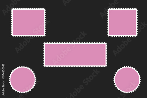 Pink and White Postage Stamp Set, Square and Circle Collection with Vintage Perforated Edges.
