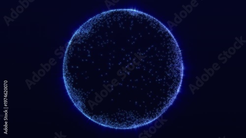 Abstract glowing blue particle sphere with dynamic energy field and digital data network structure futuristic technology background with light dots depth and seamless loop animation 4K resolution