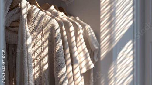 柔らかな光に包まれたニットウェアのクローズアップ 上質な素材感と温かみのあるファッションイメージ