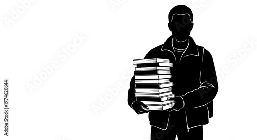 Silhouette of a person holding a stack of books, education concept