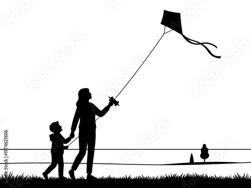 A mother and child silhouette happily flying a kite together in a grassy field