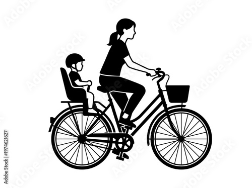 A mother and child riding bicycle