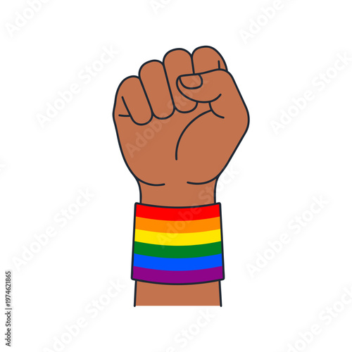 A clenched fist wearing a rainbow-colored bracelet symbolizes solidarity and support for the LGBTQ+ community.