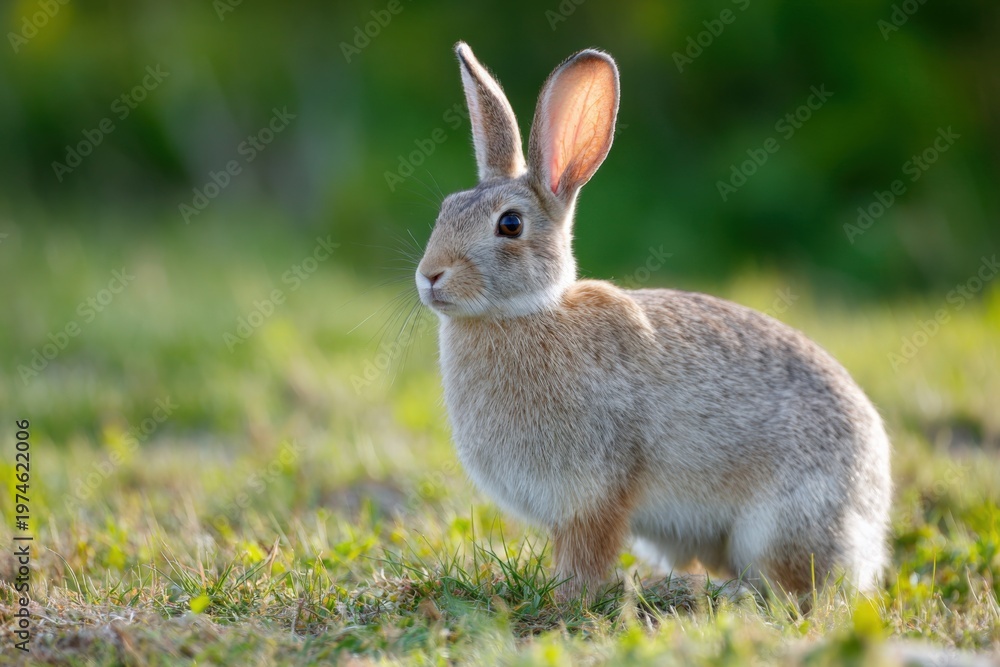 Fototapeta premium Small rabbit on green grass closeup with upright ears attentive youthful posture in bright natural meadow setting