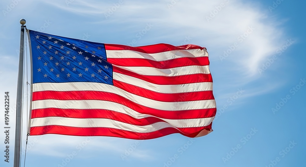 Obraz premium American flag waving in the breeze against a bright blue sky