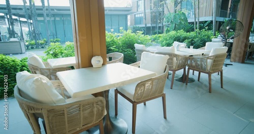 Hotel restaurant empty table breakfast food morning light travel business background