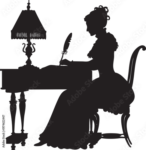 Victorian Woman Writing with Quill Pen at Desk with Lamp Silhouette | Detailed Illustration