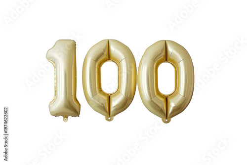 Golden 100 foil balloons celebrating a hundredth anniversary, birthday party, or significant milestone on transparent background