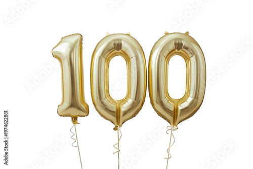 Golden number 100 foil balloons floating, representing a 100th anniversary or birthday celebration, on a transparent background