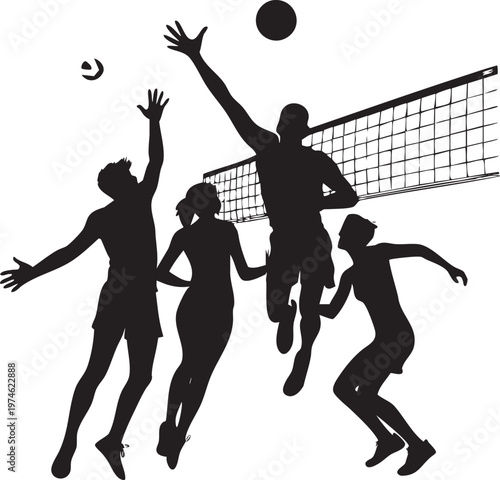Volleyball Players Silhouettes Jumping for Spike and Block at Net Dynamic Sports Action Graphic Style