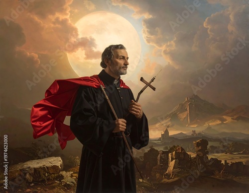 A robed man with a cross, against a night sky and mountains, is draped in a flowing red cloak. A large moon glows behind