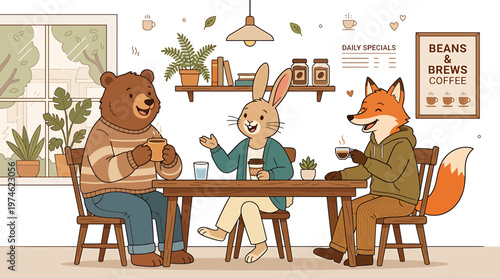Cute anthropomorphic animals enjoying coffee at a cozy cafe, friendship and relaxation