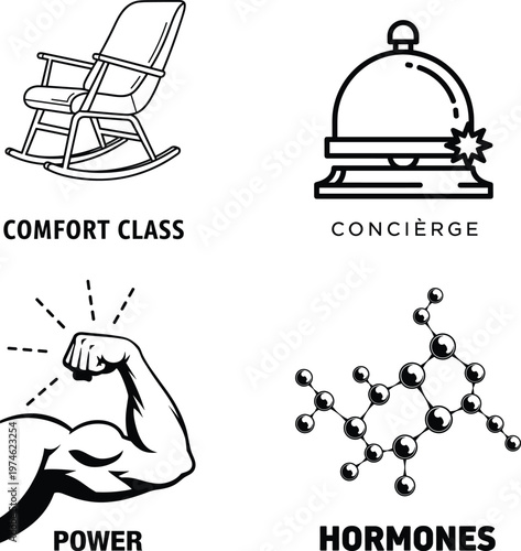 Comfort, Concierge, Fitness and Hormone Icon Set – Rocking Chair, Service Bell, Muscle Strength and Molecular Structure Vector Illustration