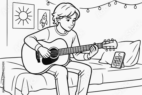 A teenager sitting on a bed with a guitar in his hands looks at chord charts on his phone. Children's coloring book.