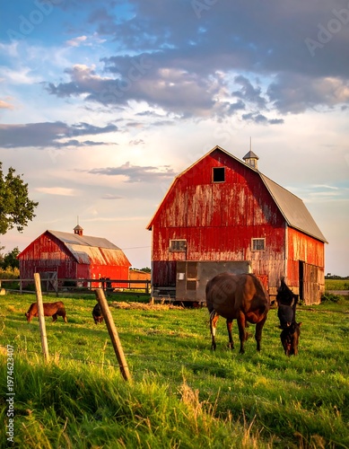A rustic red barn stands in a green pasture with a smaller red building nearby. Cattle graze, under a sunset sky