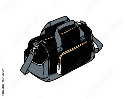 Black duffel bag isolated on black background for travel and fitness