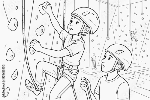 A young climber is focused on achieving a grip on a climbing wall. Children's coloring book.