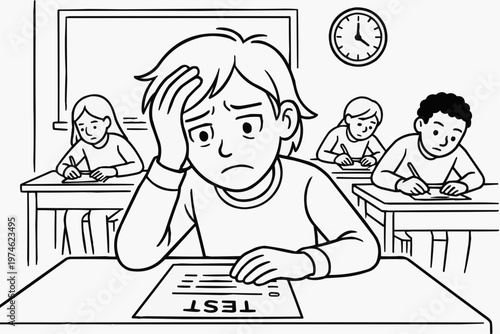 A student feels stressed during a test in a classroom with classmates around. Children's coloring book.