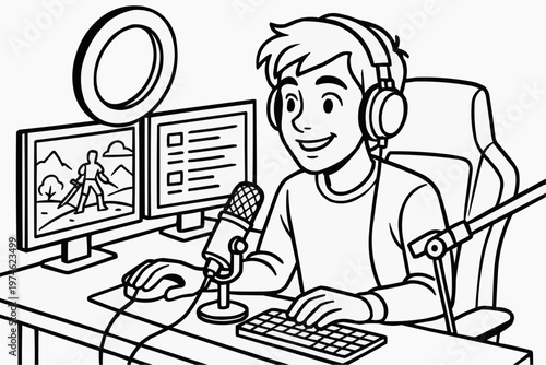 A teenage streamer is commenting on a game on the microphone. Children's coloring book.