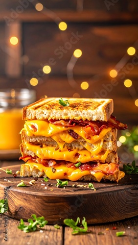 A stack of grilled sandwich on a wooden board