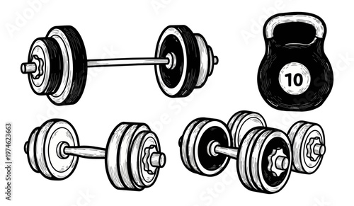 Gym equipment illustration dumbbells barbells kettlebell on black background