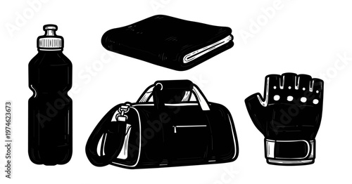 Gym equipment silhouettes on black background for fitness and wellness