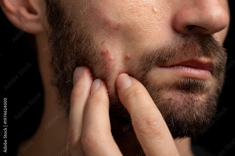 Fototapeta premium Man touching his face with acne on his cheek