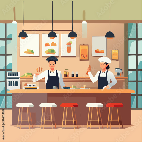 Intérieur de Restaurant Sushis Géométrique avec Comptoir et Chefs en Action
