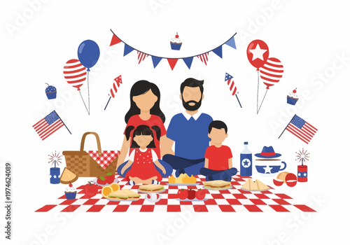 Family Celebrates Patriotic Holiday with Outdoor Picnic and Festive Decorations
