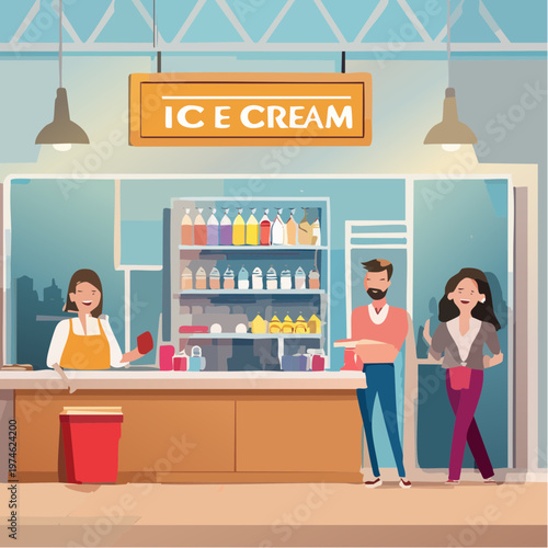 Glacier Géométrique avec Pots de Saveurs Colorés et Enseigne Lumineuse
