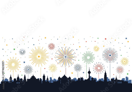 City skyline with fireworks exploding in colorful celebration at night