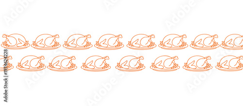Seamless border pattern of roasted turkey on a platter. Orange outline Thanksgiving dinner illustration. Holiday food vector isolated on transparent background