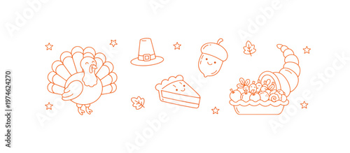 Thanksgiving holiday icons line art set. Turkey, cornucopia and pie outline vector illustration. Isolated on transparent background