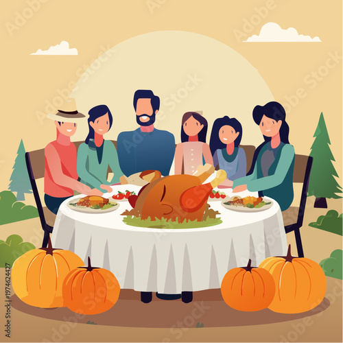 Dîner de Thanksgiving Géométrique avec Dindon, Citrouilles et Famille Réunie
