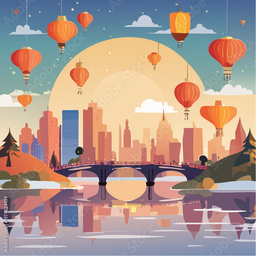 Festival des Lanternes la Nuit avec Lanternes Flottantes et Reflets dans la Rivière
