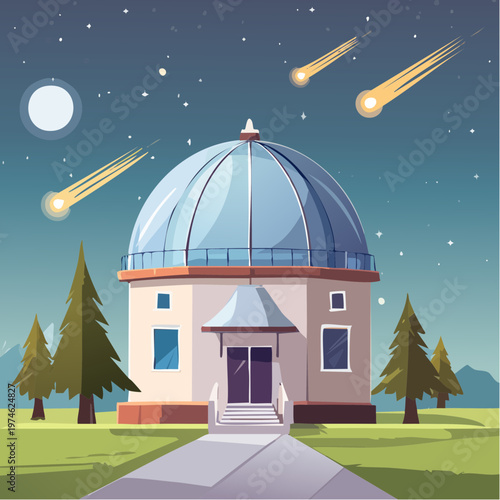 Observatoire Astronomique la Nuit avec Dôme Ouvert et Ciel Étoilé Géométrique
