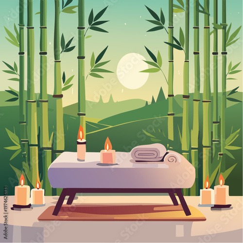 Spa Géométrique avec Table de Massage, Bougies et Bambous dans une Ambiance Zen

