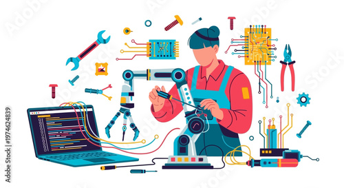 Person working on robotics and technology with tools.