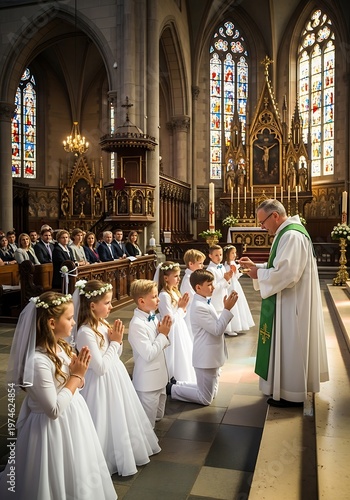 Childrens First Communion Ceremony in a Historic Church.