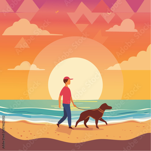 Promenade au Coucher du Soleil sur la Plage avec Propriétaire et Chien en Silhouette
