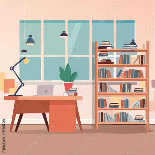 Librairie Vintage Géométrique avec Étagères, Échelle en Bois et Coin Lecture Cozy
