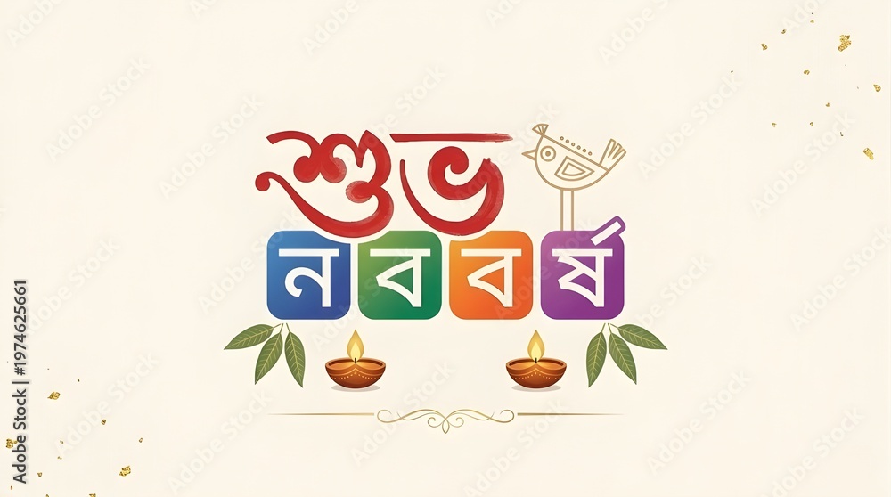 Fototapeta premium Bengali New Year Modern Typography Design with Colorful Shubho Noboborsho Text, Folk Bird, Fish Icons, and Oil Lamps on Cream Background