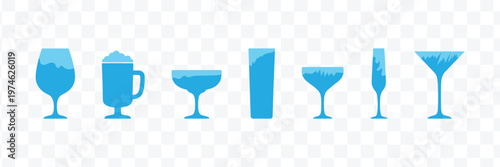 Refreshing Blue Drink Glasses Vector Set. Cocktail and Beverage Icons in Flat Design